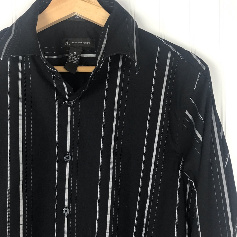 INC Long Sleeve Black/Silver Striped Stretch Shirt